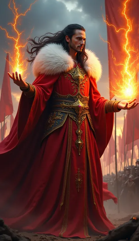 Extremely Powerful Youn Archmage, black long hair falling on his back, red epic mage robes with white/gold finishing, he is usind a mix of fire and Lightning magic in one hand. Background is a Medieval warzone. The character robes resembles ones from Word ...