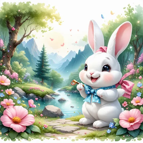 cute、Rabbit drawing a landscape with a smile、beautiful景色、Flower Garden、Beautiful riverside、beautiful、cute、 pink 、 Precise Details、race、ribbons、masterpiece、Highest quality、high contrast、photon mapping、 glitter 、lame、 glitter、gem、diamond powder、 happy、 Premi...