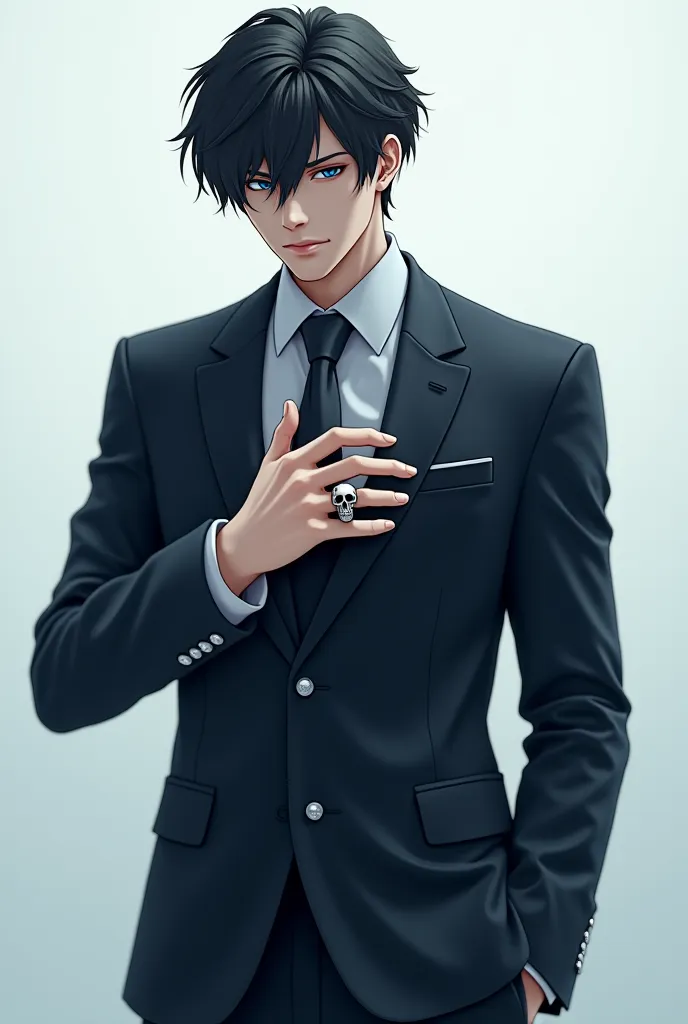 cool ,handsome and young man(anime Mature boy ) , businessman like a boss ,with a cool skull ring , never show the feeling to anyone ,never smile in front of anyone, a cautious heart . 