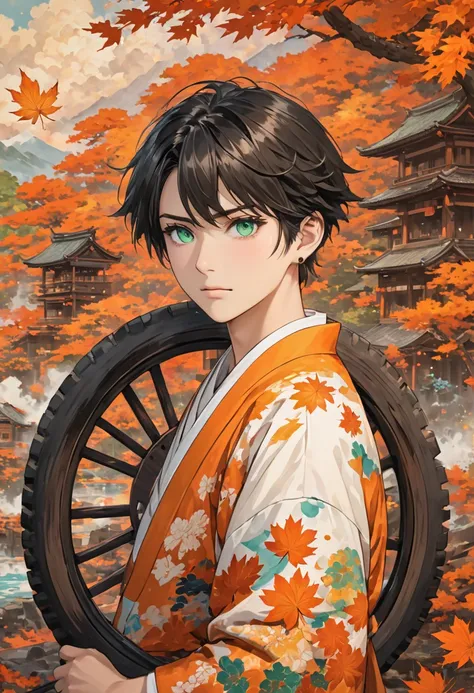  masterpiece,Best quality,  latest, A huge burning wooden tire in a surreal style，fantasy，high分辨率,Very far away,  a boy, white shirt，orange kimono jacket，Maple leaf pattern ,earrings，A huge burning wooden wheel in the background，Hand holding a spoke，Japane...