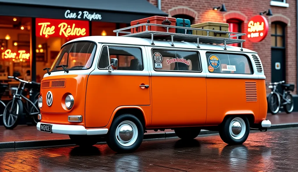 "A classic Volkswagen Type 2 (T2) van, painted in bright orange and white, parked in front of a trendy vintage café in an old European-style city. The van has chrome hubcaps, retro stickers on the windows, and a stylish roof rack loaded with suitcases. Neo...