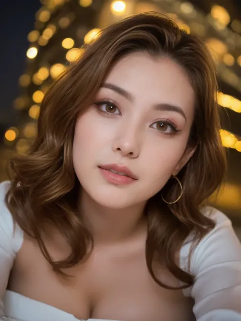 low angle、 high position、(( night view,  real light , Highest quality, 8k, masterpiece: 1.3)),  1 girl,     glamorous tall beauty  : 1.2, (cute 22-year-old woman with brown wavy hair , medium breasts: 1.3), big breasts　Hip　  above the knee shot ,　 Highly d...