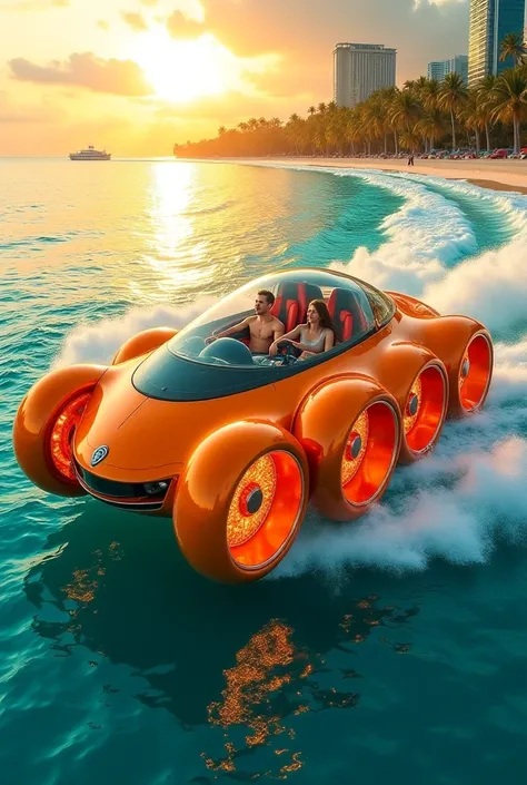 Imagine a hyper-futuristic amphibious vehicle soaring across turquoise waters at sunset. Sleek, neon-orange gloss body with six massive, glowing alloy wheels (front two lifted mid-air, rear four churning waves). Panoramic transparent dome reveals two coupl...