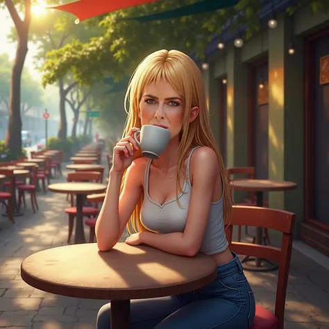 A beautiful detailed girl sitting at a table in a Brazilian cafe, drinking coffee, outdoor cafe with chairs and tables on the street, vibrant colors, warm lighting, photorealistic, 8k, highly detailed, long blond hair