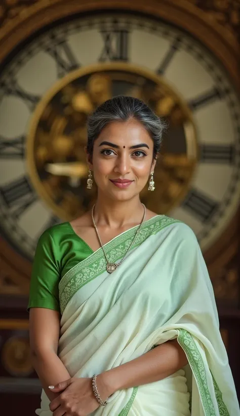 A malayali woman standing in front of a  big  clock, wearing white saree and green blouse, close up shot