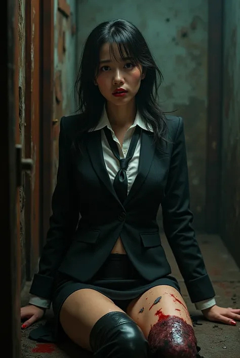 A beautiful Asian woman, nsfw, business suit with tie, micro miniskirt, long boots, suffering expression, crying, heavy bleeding from her thigh, ((((with a cutter blade impaled in her thigh)))), (((a man is cutting her thigh with a cutter))),(best quality,...