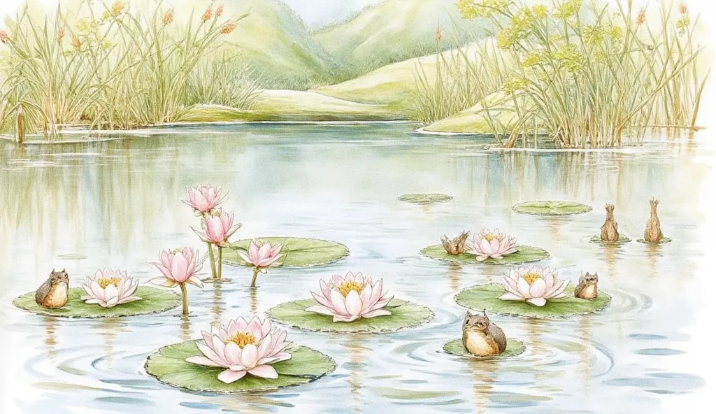 Create a pond with some water lilies and frogs in an sketch style (with pastel colours)