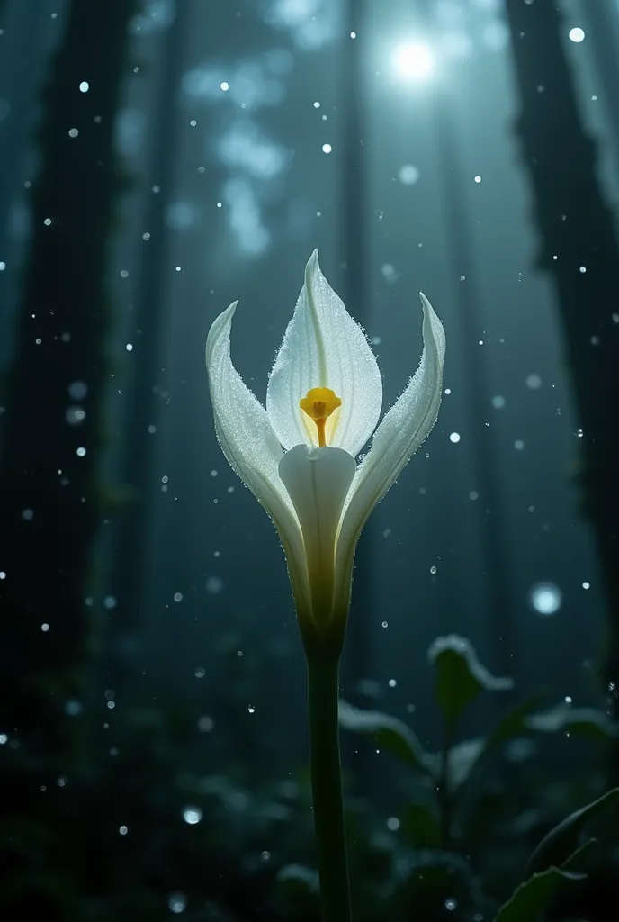 "Rare and charming Ghost Orchid, In the snow, among water droplets, in a dark and mystical forest (Dendrophylax lindenii) seem to float in the air. Elegant white petals of the flower, in the foreground radiates a mystical aura around it like a ghost shinin...