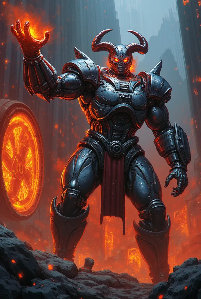 steel demon (cyborg + trigger)

 Image Description :
An infernal mechanical colossus,  half machine , Half demon . His metallic arms end in razor-sharp claws, and his gears are powered by demonic fire. His face is a hybrid of circuits and hellish horns.

B...