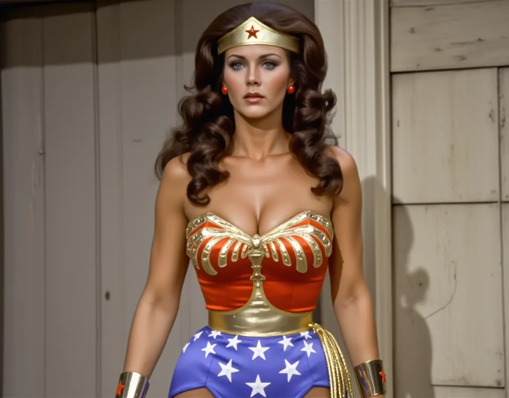  woman 40 years old (((Linda Carter)))  with long wavy dark hair,  dressed in a classic Wonder Woman costume , , completely repeating Linda Carter's image .  She is wearing a gold hoop ,  red corset with gold stars , , blue shorts with white stars and red ...