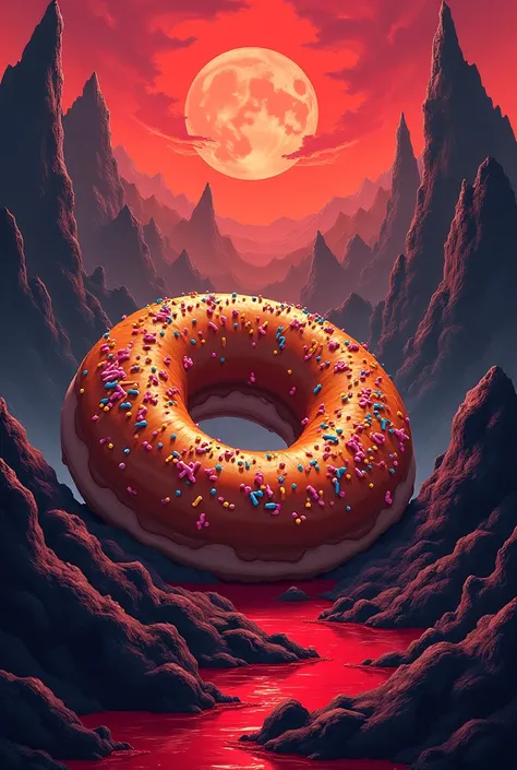 Postcard on diablo immortal gamę style with big tasty donut and writing "skup butelek"