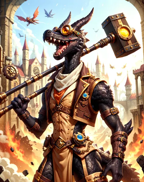  Little Black kobold, black skin, kobold-man, evil kobold, tail, furry cobold, full bodu, yellow eyes, hair flap top, black dragon scales, pilot glasses with round lenses on his head, wearing a vest , military uniform,  steampunk, holds a big battle hammer...