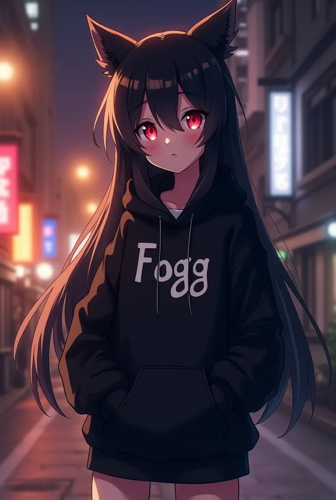 i want anime girl like japan she wear black hoodie and that hoodie has a word "Fogg" on she has red eyes and black hair like anime film in japan more anime,"Fogg" more anime more anime like film in japan long hair, cat girl,cute girl,she says good night