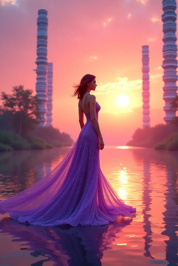 A river sunset a woman standing in a long flickering purple dress a risen tall white paired beautiful standing with her white striped powerful and fairytale 