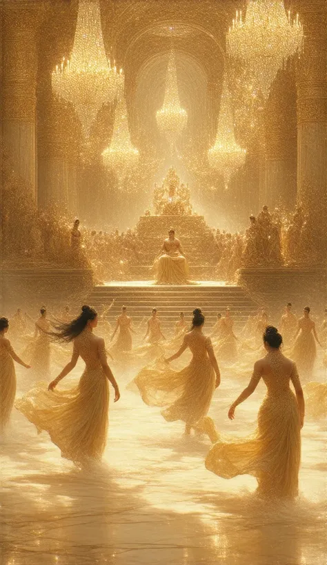 A luxurious Indraloka court, where dozens of Apsaras dance gracefully in a mesmerizing swirl of silk and jewels. The scene is filled with soft golden light, reflecting off the marble floors and crystalline chandeliers. Arjuna, seated among divine beings, w...