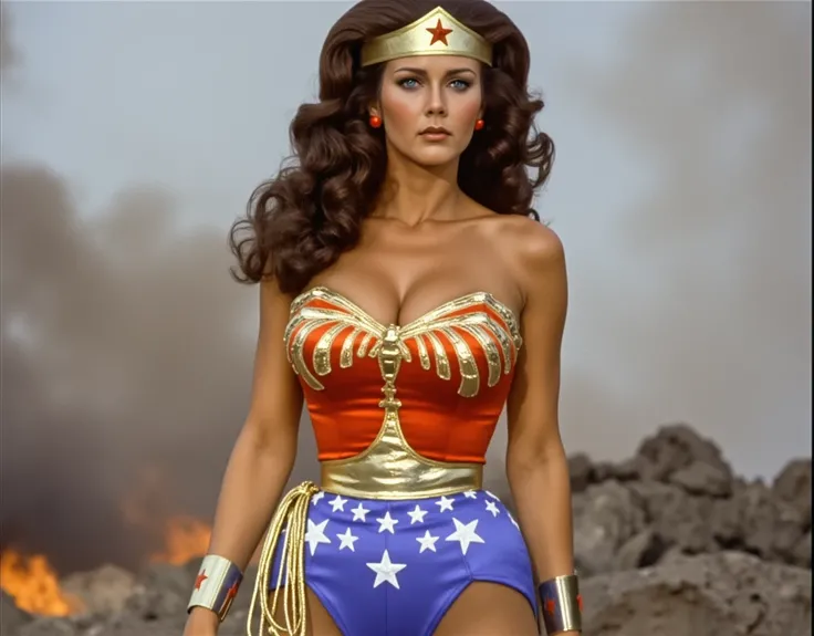  woman 40 years old (((Linda Carter)))  with long wavy dark hair,  dressed in a classic Wonder Woman costume , , completely repeating Linda Carter's image .  She is wearing a gold hoop ,  red corset with gold stars , , blue shorts with white stars and red ...