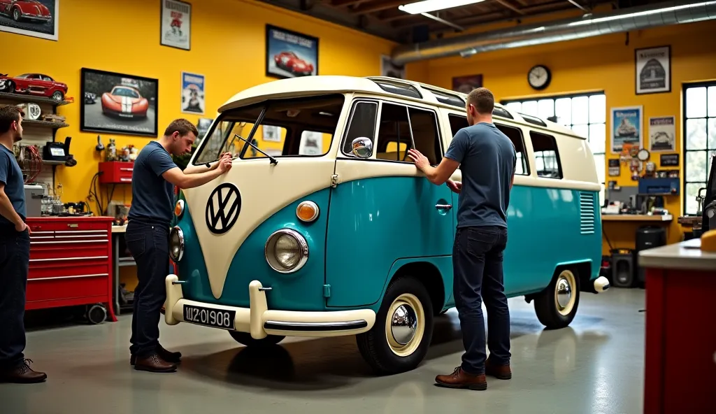 "A partially restored Volkswagen Type 2 (T2) van inside a vintage car garage, with tools, spare parts, and classic car posters hanging on the walls. The van is in the middle of a restoration process, with the front hood open, exposing its air-cooled engine...