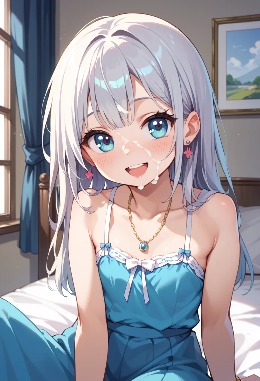 ((Highest quality)), ((masterpiece)), (be familiar with), perfect face, indoors, bedroom, watching viewers,
One woman,  Gamemun Neko ,
open mouth, facial cum, blush, smile,
 small tits, flat chest, Young girl,  lori,  ,  girl,
 long hair, long hair,
 open,