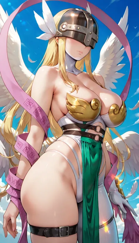 "Angewomon, solo, long flowing blonde hair, radiant golden locks, piercing sky-blue eyes, divine presence, soft and flawless porcelain skin, perfectly sculpted face with delicate yet strong features, celestial glow, angelic aura, soft glossy lips, elegant ...