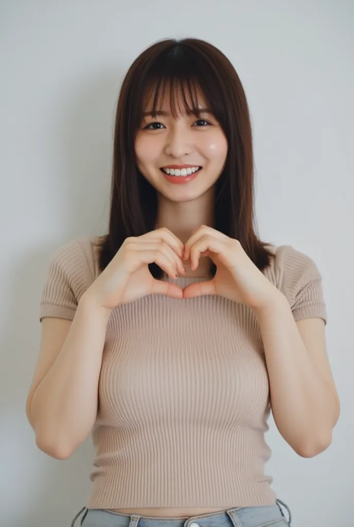 She is in a pose wearing a sexy camisole, making a firm big heart shape with both hands, and holding it in front of her chest, Cute smile up、Monotone background,カウボーイショット, カウボーイショット, 