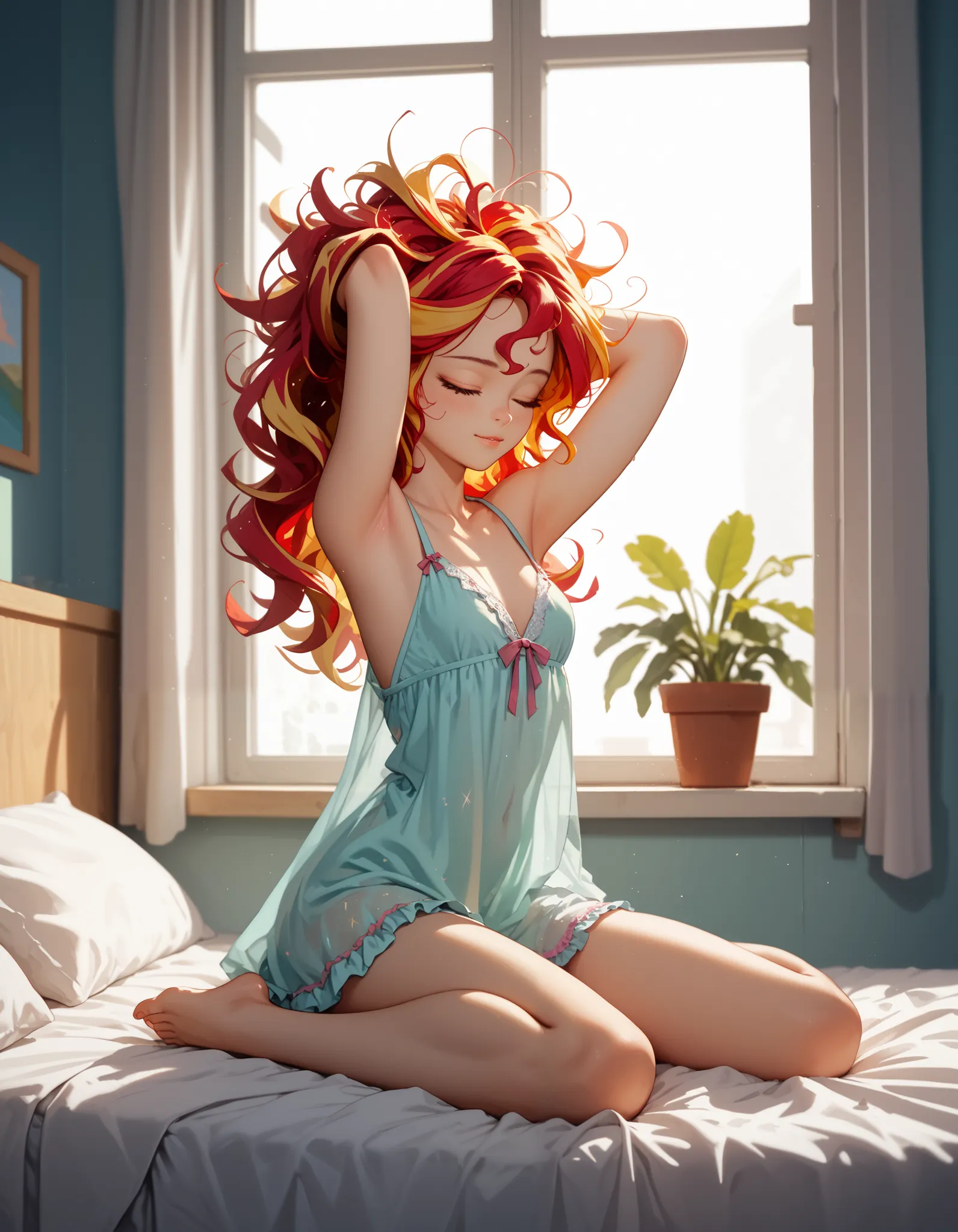 Sunset shimmer, wavy hair, messy hair, waking up, sitting up in bed, messy bed, stretching arms over her head, wearing a loose nightgown, small breasts, cute, morning sun shining through window, bright, optimistic, dawn, very detailed, masterpiece, high qu...