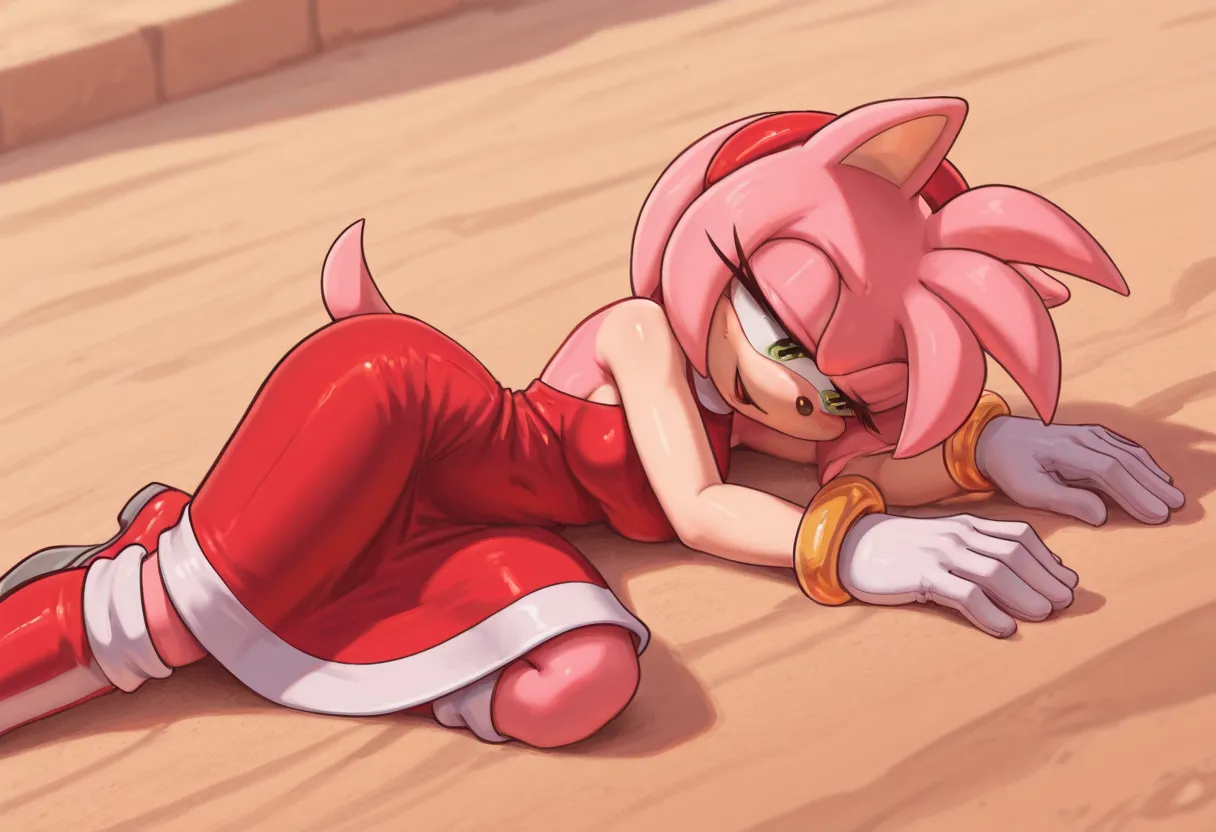 a drawing by photoshopping a woman in a dress lying on the ground, 1girl, gloves, solo, blonde hair,amy_rose, furry female, furry, red hairband, 