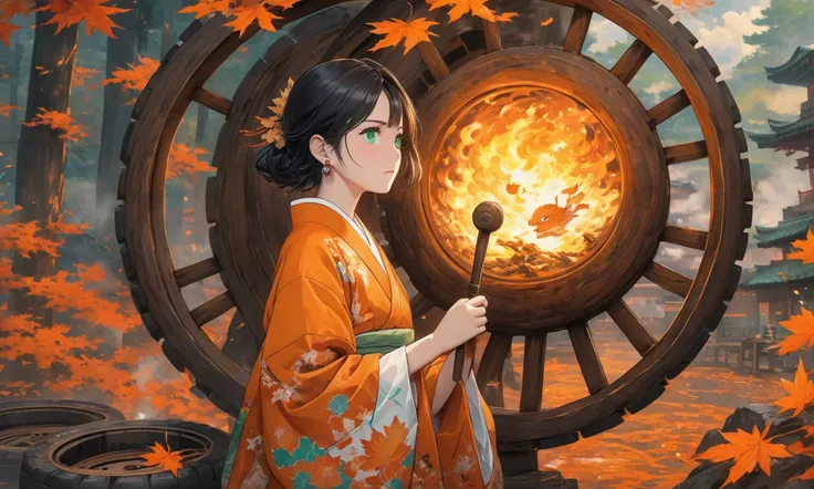 A huge burning wooden tire in a surreal style，fantasy，high分辨率,Very far away,  a boy, white shirt，orange kimono jacket，Maple leaf pattern ,earrings，背景里的巨大The burning wooden wheel，Hand holding a spoke，Japanese Yokai，Wheelwright， Japanese，black short hair， gr...