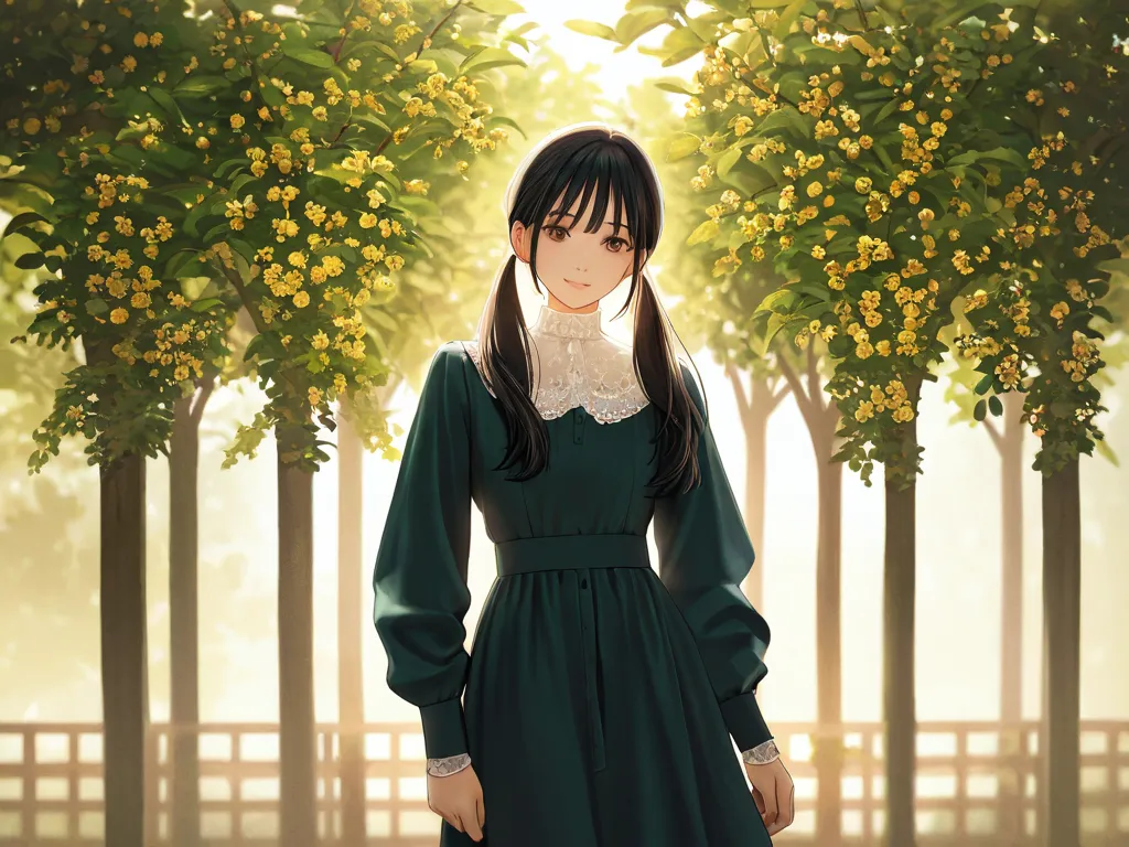 masterpiece, 1girl, black hair, low twintails, long hair, long sidehair, brown eyes, plum tree, garden