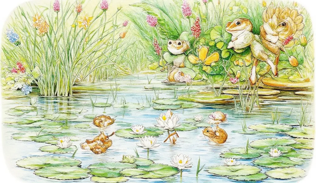 Create a pond with some water lilies and frogs in an sketch style (with colour) 