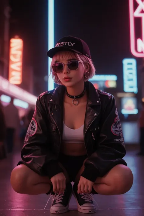 Close-up do rosto, Alternative girl, looking over black sunglasses, jacket, collar, neon light reflections on the skin, earring, makeup,  skin imperfections,  short hair, hat, neon light background ,  low light, depth of field, shoes,  high contrast,  film...