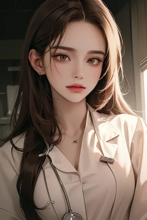 ((upper body)), (best quality, ((masterpiece)), beautiful detailed Eyes, 8K resolution, cinematic lighting,detailed clothes,Semi-realistic),1 woman,((25-year-old))(brown long straight hair),((doctor gown)),(hospital)