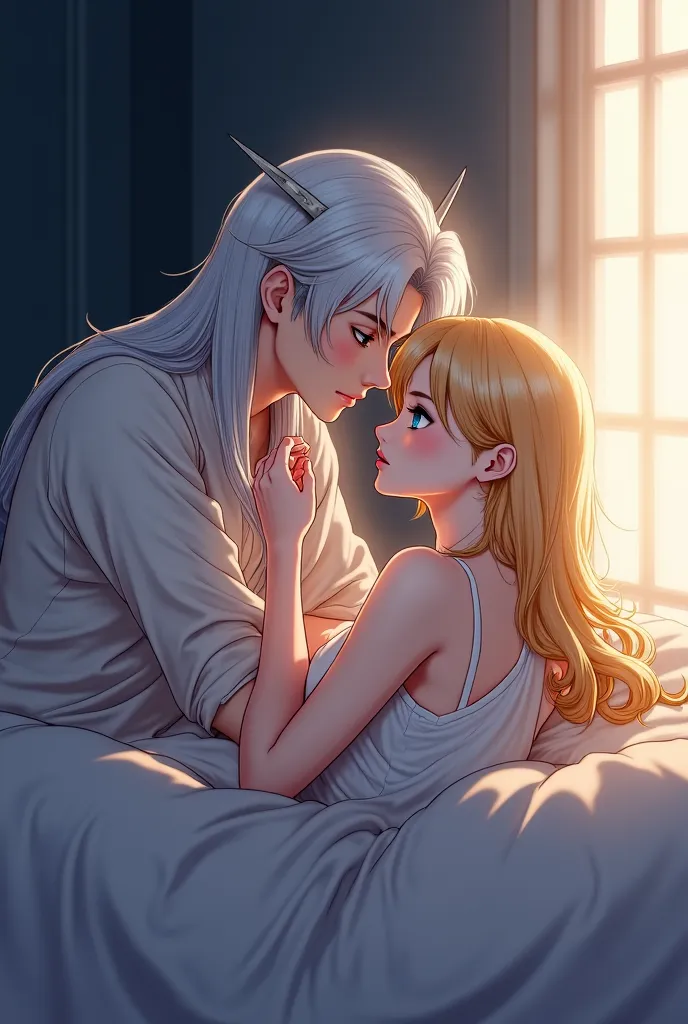 Create frames where there will be a woman and a man in a romantic relationship, the woman: blond haired woman laying in bed with her hand on her chin, soft anime illustration, in the art style of bowater, soft light misty yoshitaka amano, digital art on pi...