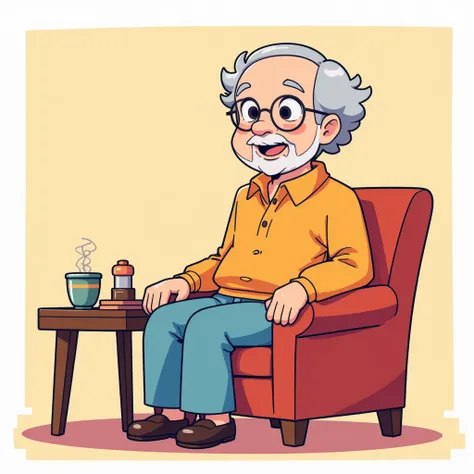 simple illustration、Grandmother “old man with glasses,” “gray head,” “sitting on a chair,” “chair in the room,” simple background、 simple background、Each part isn't too complicated 、 Each part is large and easy to understand pattern、Clear Colours 、A clear ...