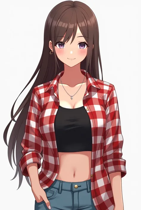 A girl in a red open checkered shirt in a black short top 