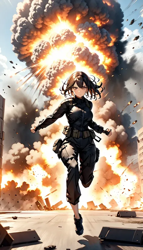 a woman in a black combat suit is posing in her landing pose, badass pose, landing on ground after big jump, in background visible explosions, 3xplosion, Cinematic shot, aya, dynamic action movie shot, 