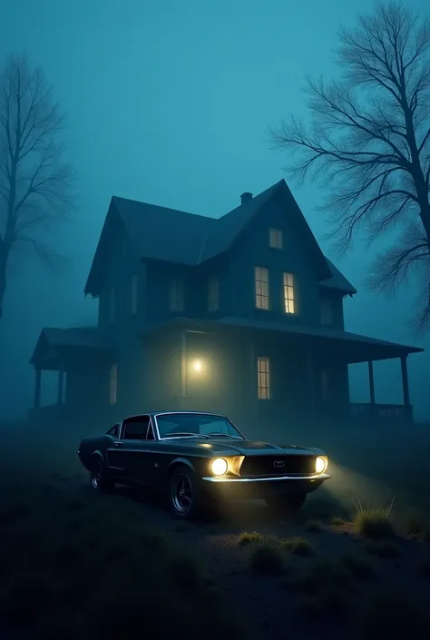 A house left. Blue color air with cold fog. Foggy trees. Foggy lights in the windows of the house. There is silence and fear. Old Mustang next to the house. The lights of the car are very bright.