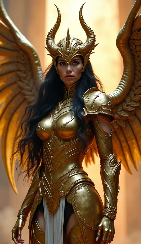 striking image depicts a formidable, larger-than-life female warrior figure clad in an ornate, golden-hued suit of armor. The figure's imposing presence commands the viewer's attention, radiating an aura of power, grace and battle-hardened determination.Th...