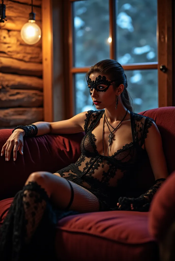 Masked erotic party, At night , in a luxurious mountain chalet, A masked man , in a long transparent lace erotic negligee, bottes noires en cuir lacées, tapered stilettos, lace stockings, many jewels, black half mask, longs pendants d'oreilles, chimney. He...