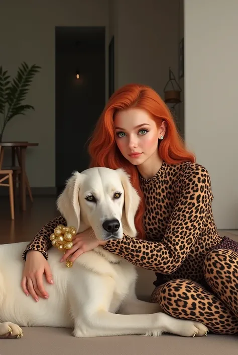 21-year-old young woman, with long, super straight ginger hair, green eyes, carrying a long-sleeved leopard print t-shirt with leopard print pants, carrying a golden joyerina, sitting on her back hugging a white English setter pet with a red merle liver in...