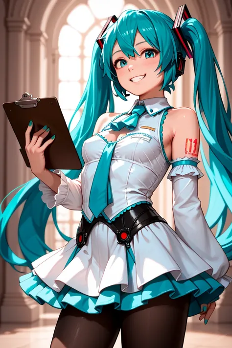 (best quality),(masterpiece),(8K detailed),(high resolution), Alone , woman ,  Hatsune Miku ,  turquoise hair  , twin tails , smile ,  create a perfect body line  , Hot body , red 01 tattoo on one upper arm ,  exact finger , Light effects ,  Hatsune Miku ,...