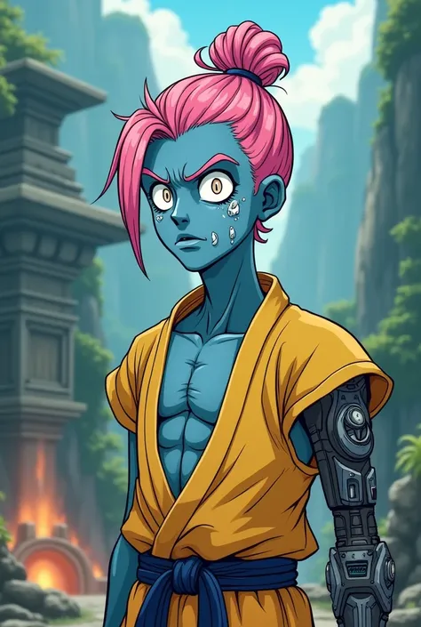 anime, beaten face, he is skinny and has all blue skin, pink man bun hair, one robotic arm only right, slim, wearing yellow karate suit. cartoon style, anime, futuristic temple, jungle, beat up face, weaken, crater in the ground with smoke out of it