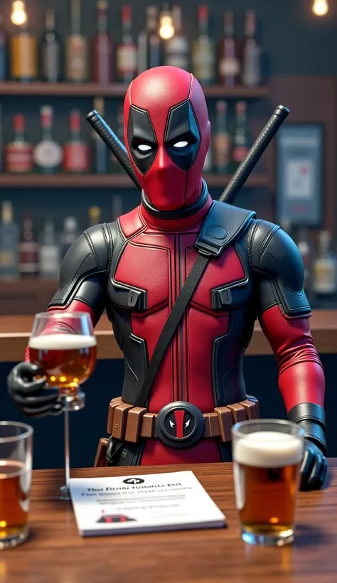  "Deadpool, the masked anti-hero in his red and black suit, is behind a bar counter, skillfully pouring beer from a jug with a sarcastic smile on his face. His expression exudes confidence and irreverence. The surrounding environment is softly lit, creatin...