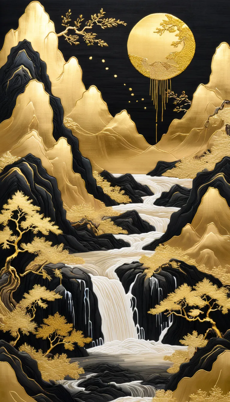 black and gold painting featuring mountains and waterfalls, golden pine, golden little moon, Gold Leaf, flowing gold, Was, Chinese black mountain embroidery techniques, minimal color gamut, freehand brushwork, golden space, unique illustration style, rigor...