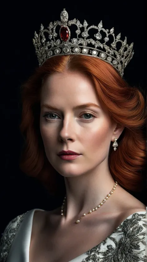 Beautiful English queen, with red hair and a subtle beautiful crown, black background