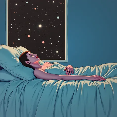 Hirhiroshi nagai painting. Sleep paralysis. Retro futuristic. White woman with long hair. Vintage filter. Galaxy and stars