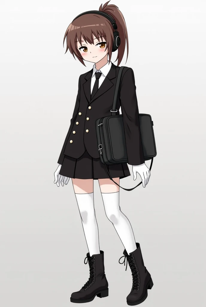 Tomoka She wears a black suit consisting of a black jacket and a white shirt with long sleeves and buttons down the jacket and a long black tie, and she wears a not very short skirt, and very long white socks and long black punk boots that reach her thighs...