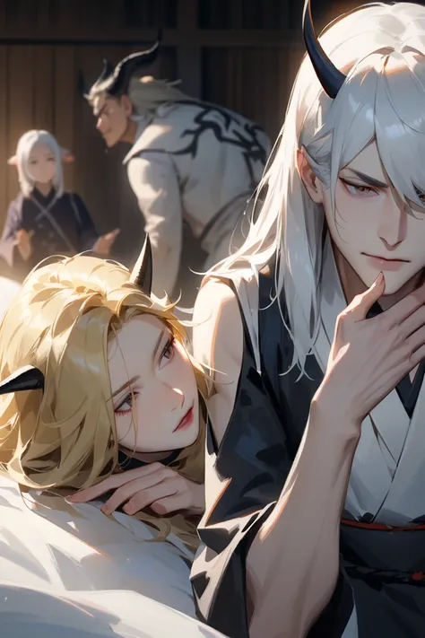 Create frames where there will be a woman and a man in a romantic relationship, the woman: blond haired woman laying in bed with her hand on her chin, soft anime illustration, in the art style of bowater, soft light misty yoshitaka amano, digital art on pi...