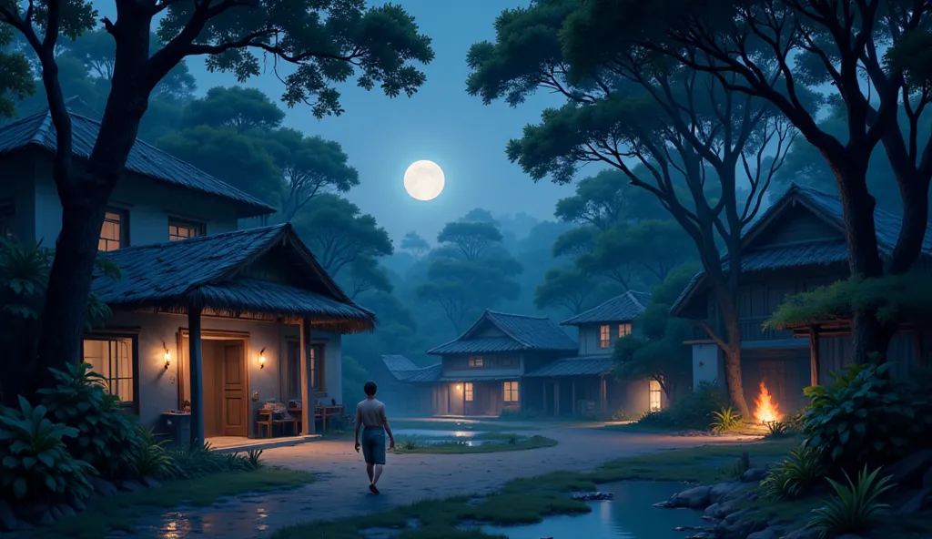 A moody, atmospheric Indian village at night, with the deep blues of the second watch and soft moonlight filtering through the trees.”