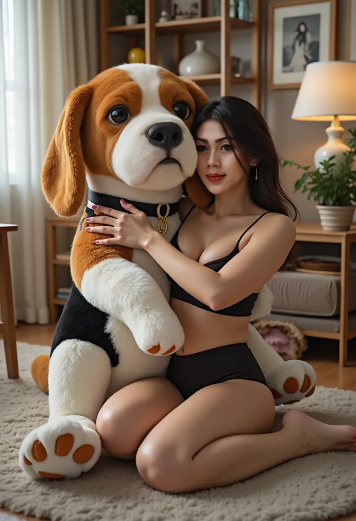 A large stuffed beagle doll carring at front of a muscle plump korean woman in position sit on the floor. and the woman look soo hugging and soo romantic pose. Perfect leg to the camera, background is livingroom