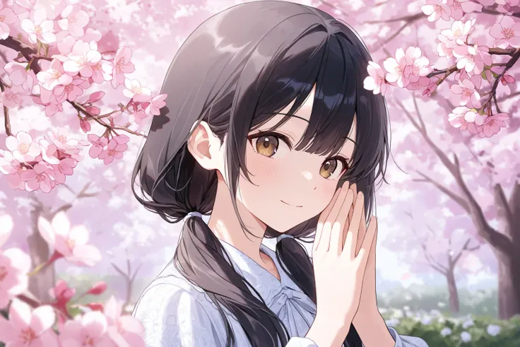 masterpiece, 1girl, black hair, low twintails, long hair, long sidehair, brown eyes, plum tree, garden, upper body